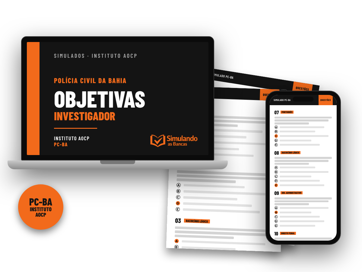 Simulados objetivos PCBA Investigador no computador, impresso e no celular